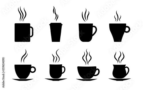 Coffee cups icon. Silhouette of hot tea, latte, espresso with steam. Cafe symbol. Mug coffee drink takeaway. Black graphic logo for restaurant. Break for aroma cappuccino. Simple set. Vector