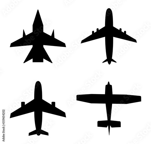 Plane icon. Jet in air. Airplane for travel, cargo, commercial flight. Silhouette of aircraft. Aeroplane fly from airport. Set of black airliners. Symbol airline, aviation and transport. Vector