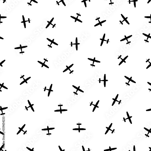 Airplane seamless pattern. Background of planes for travel. Texture of aircrafts for boys. Wallpaper with aviation in air. Military map for flight. Silhouette for airline and tourism. Vector © Wise ant