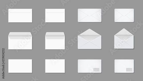 White letter in envelop. Blank mockup of a4, a5, c5 for post. Open and closed paper card for mail. Envelopes in front with documents. Template for stationery in office, business and messages. Vector