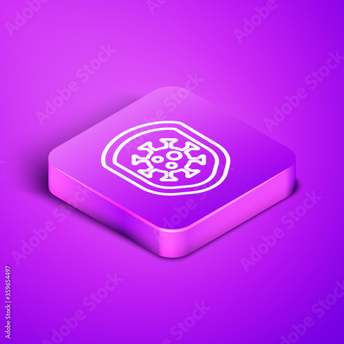 Isometric line Shield protecting from virus, germs and bacteria icon isolated on purple background. Immune system concept. Corona virus 2019-nCoV. Purple square button. Vector..