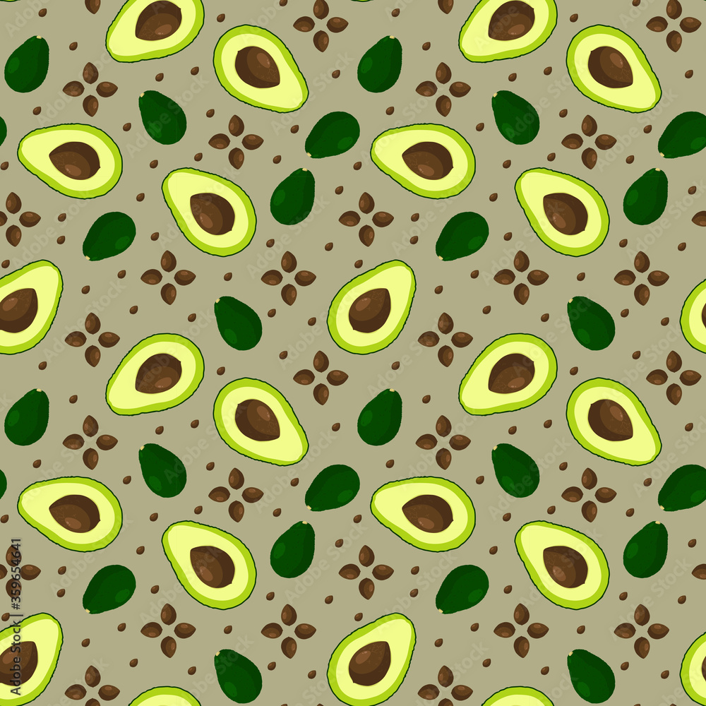 Seamless pattern with avocado, slices, and seeds. Brown vintage wallpaper, background for packaging, fabrics, or other. Seamless pattern with avocado, slices, and seeds. Brown vintage wallpaper, background for packaging, fabrics, or other.