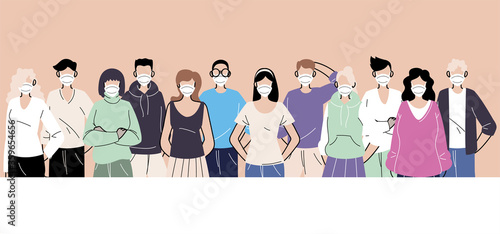 group of people in protective medical face masks, woman and man wearing protection from coronavirus