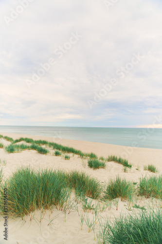 Baltic Sea. Beach in the village of Amber. Beach in Russia with a blue flag. Kaliningrad region.