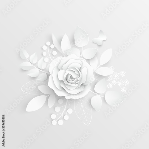 Paper flower. White roses cut from paper. Vector illustration.