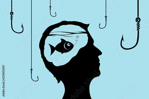 Fish inside a human head looking at fishhooks.