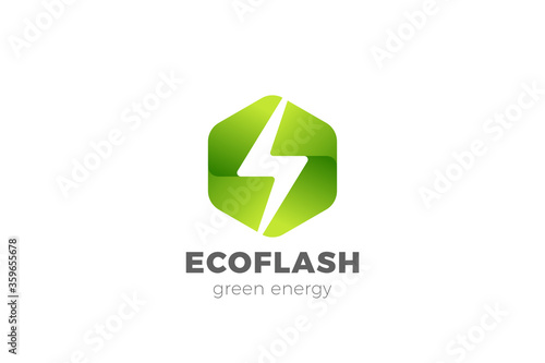 Flash Bolt Green Energy Logo Power design vector template Negative space style. Hexagon Thunderbolt icon.