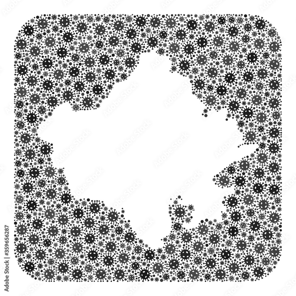 Pandemic virus map of Rajasthan State collage created with rounded square and cut out shape. Vector map of Rajasthan State collage of infection virus items in different sizes and gray color tints. Pandemic virus map of Rajasthan State collage created with rounded square and cut out shape. Vector map of Rajasthan State collage of infection virus items in different sizes and gray color tints.