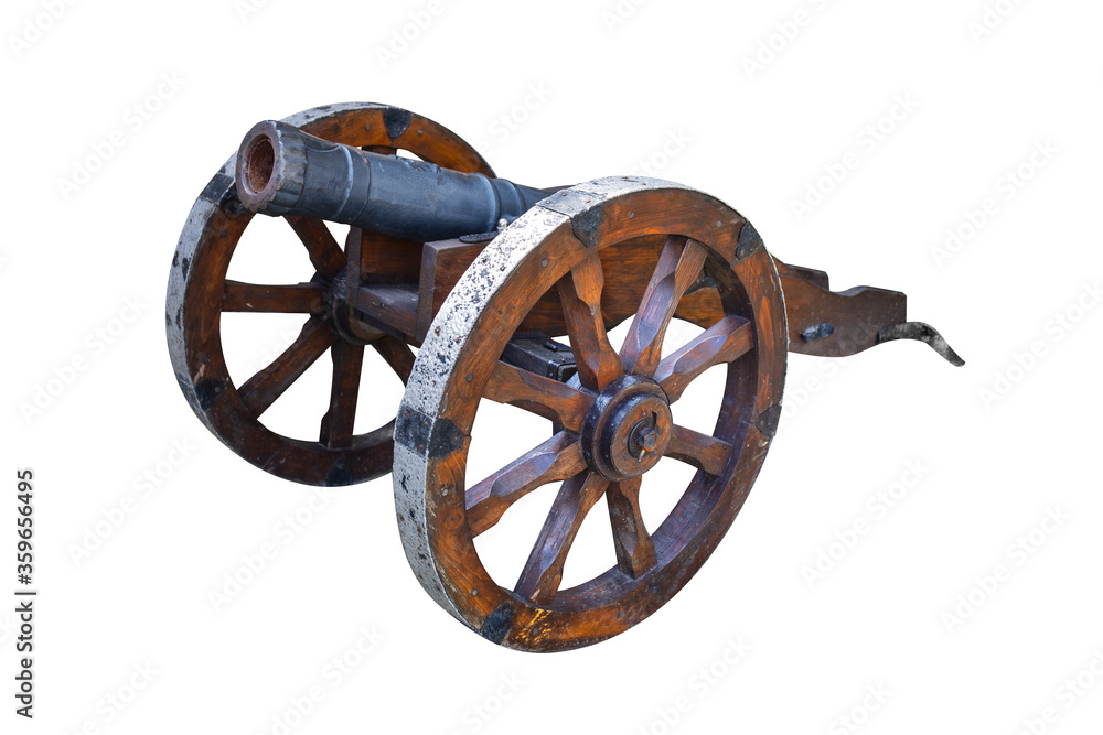 Fototapeta premium Old ancient cannon. Battle cannon from medieval ages isolated on white background