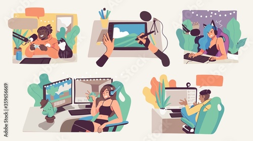 Online streaming concept illustrations. Bloggers, pro gamers, artists and influencers live streaming. Flat vector