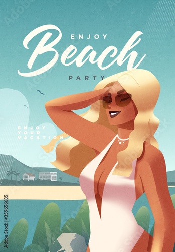 Girl relaxing on the beach. Summer vacation poster or flyer design template with sexy female on the beach. Party invitation. Modern style. Vector illustration