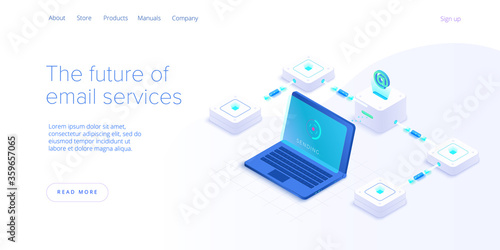 Email service concept isometric vector illustration. Electronic mail message as part of business  marketing. Webmail mobile service layout for website header. Newsletter sending background.