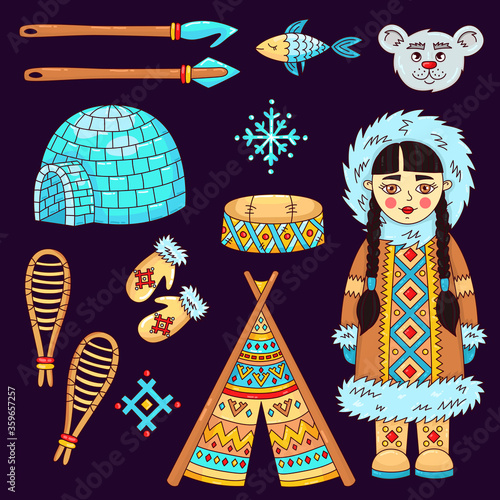 Eskimo ice winter doodle traditional cartoon icons set