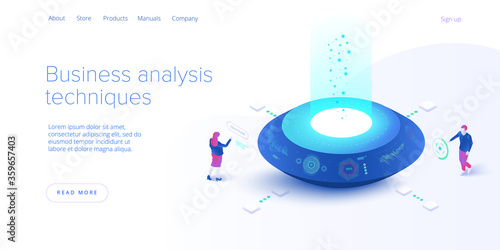 Business analysis in isometric vector illustration. Data analytics for company marketing solutions or financial performance. Budget accounting or statistics concept. Web banne layout template.