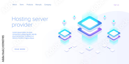 Hosting server isometric vector illustration. Abstract 3d datacenter or data center room background. Network mainframe infrastructure website header layout. Computer storage or farming workstation.