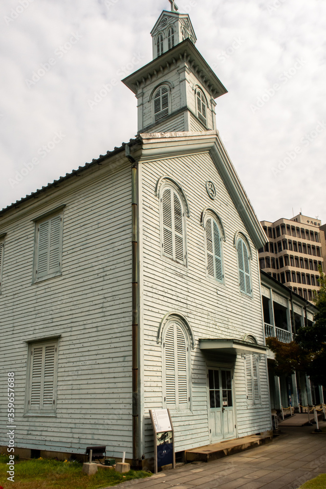 Old european style white wooden church in Dejima District in Nagasaki, Japan. Old european style white wooden church in Dejima District in Nagasaki, Japan.