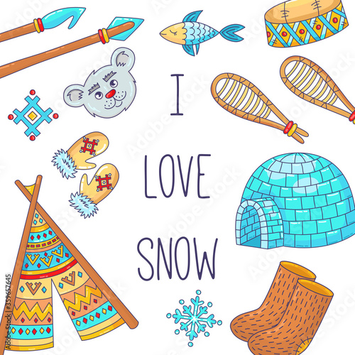 North pole winter eskimodoodle cartoon icons set