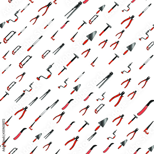 Hand tools for carpentry. Pattern of tools for wrapping paper, book cover. Background for a construction workshop. Hacksaws, hammer, drill.