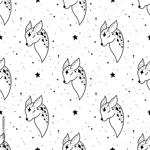 Seamless Pattern Mystical deer with moon and stars. Stars, constellations, moon.