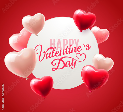 Happy Valentines Day red background design with realistic heart shaped balloons and white frame. Greeting card, Valentine's day sale offer, invitation or banner template. Shop market poster. Vector.
