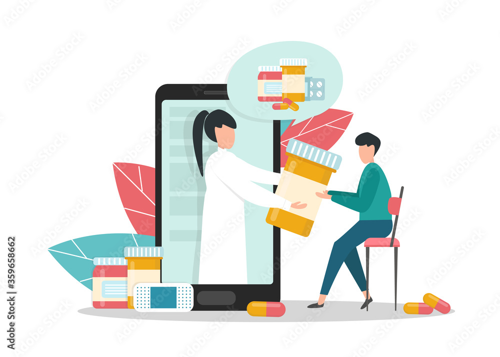 Online Pharmacy. Creative Vector Image Of Doctor Pharmacist Delivering Medicine To Client