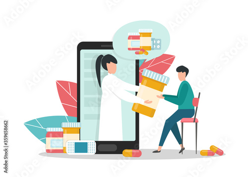 Online Pharmacy. Creative Vector Image Of Doctor Pharmacist Delivering Medicine To Client