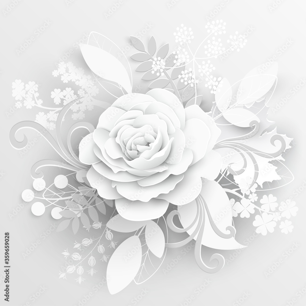 Fototapeta premium Paper flower. White roses cut from paper. Vector illustration.