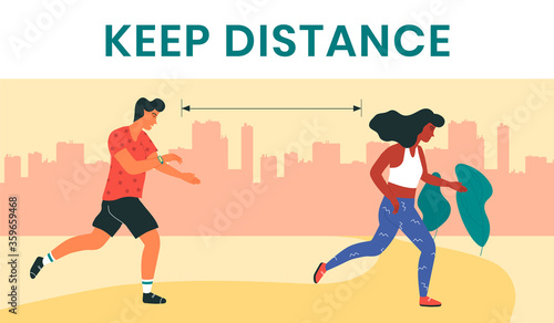 Female and male runners, keeping the distance as a preventive measure in coronavirus pandemic. Modern wristlet wireless device, tracking distance walked and speed, heartbeat, water balance, weight.