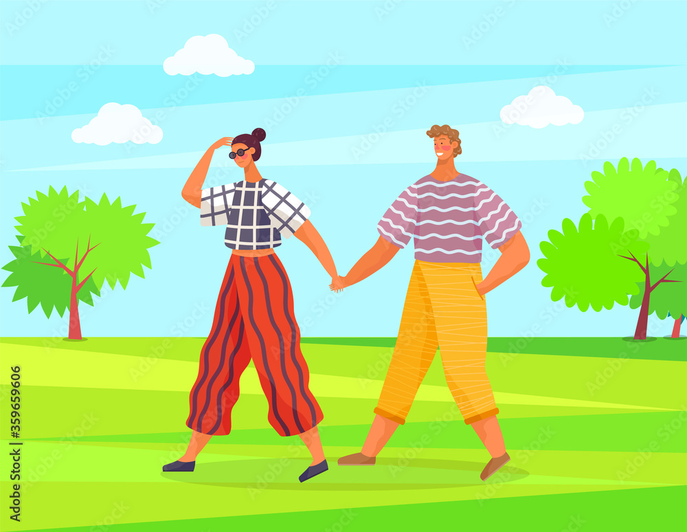 People spend leisure time in park or forest. Man and woman walk holding each other hands. Summer landscape with green trees and grass, sunny day. Vector illustration of couple or friends in flat style