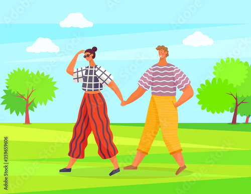 People spend leisure time in park or forest. Man and woman walk holding each other hands. Summer landscape with green trees and grass, sunny day. Vector illustration of couple or friends in flat style