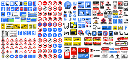 Traffic sign collection vector isolated on white.