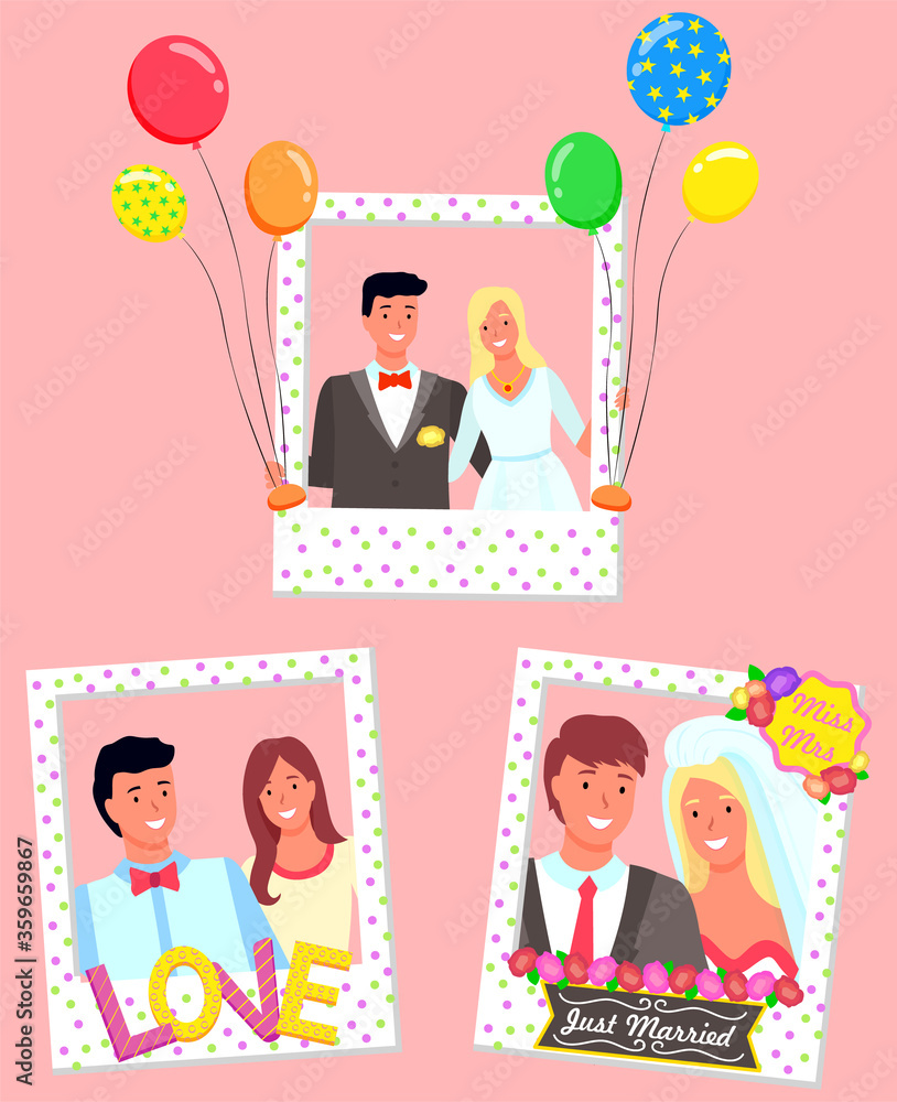Lovely couple taking photos in photozones vector, isolated set of man and woman with frames and balloon. Just married sign for newlyweds, bride and groom, boyfriend and girlfriend with love letters