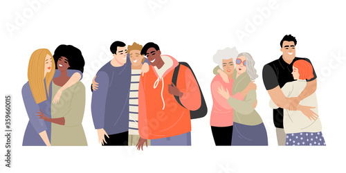 Set of people hugging their friends. Friendship concept on the example of men and women of different ages.