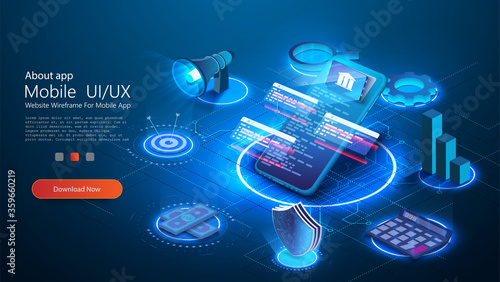 Secure payment isometric concept. Blue Internet banking. Isometric mobile phone banner. Futuristic technology design.  Digital marketing. Cashless society, security transaction via credit card. 