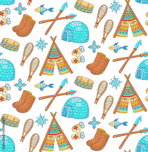Eskimo noth pole winter doodle cartoon icons seamless vector pattern