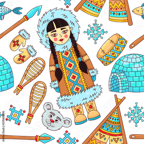 Eskimo winter north doodle cartoon icons seamless vector pattern