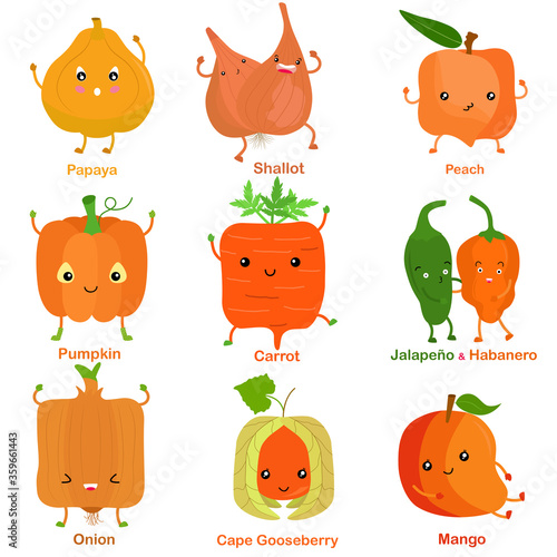 Cute vector of square shaped smiling fruit, vegetable with happy face in yellow orange color