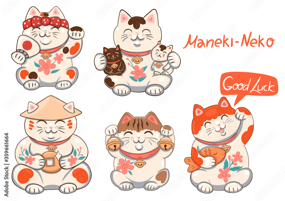 Set of Maneki neko isolate on a white background and the inscription good luck. Vector graphics.