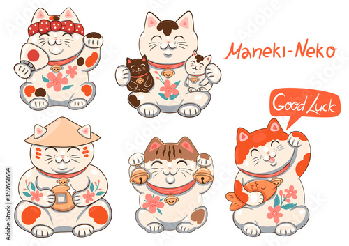 Set of Maneki neko isolate on a white background and the inscription good luck. Vector graphics. photo