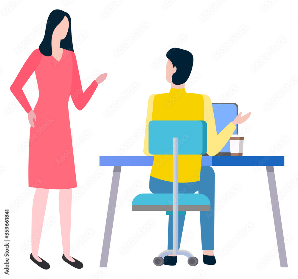 Man sitting at work place and woman broker, cooperation and teamwork. Vector cartoon style people business trainers and supervisors. Tutor consultant