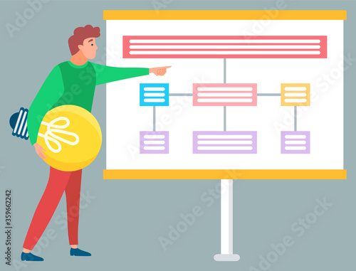 Presentation of businessman vector, isolated man holding lightbulb pointing on board with schemes and charts. Business meeting explanation of ideas