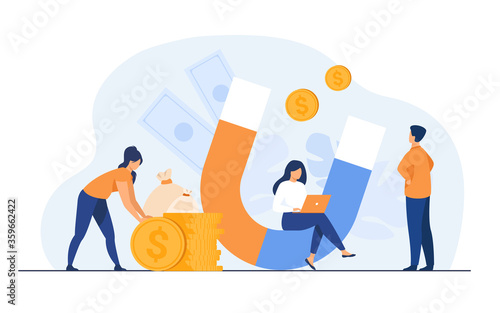 Income and money attraction. People with magnet getting cash. Vector illustration for fast loan, income, investment, profit, finance, success concept