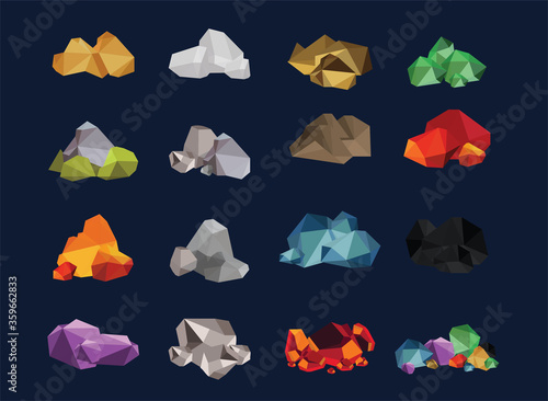 Set of color rocks, salt,gold,gravel,emerald,rubies,cristal,hot embers,bronze,silver isolated on white