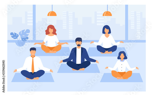 Office people practicing yoga and meditation. Managers exercising and meditating in lotus pose during work break. Can be used for mindfulness, business and relaxing concept