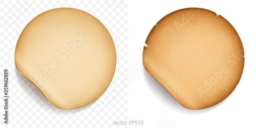 Vector set of round adhesive stickers with a folded edges. Old paper and vintage parchment. Detailed template of old style labels. Empty mockup of tags with a realistic textures. Transparent shadows.