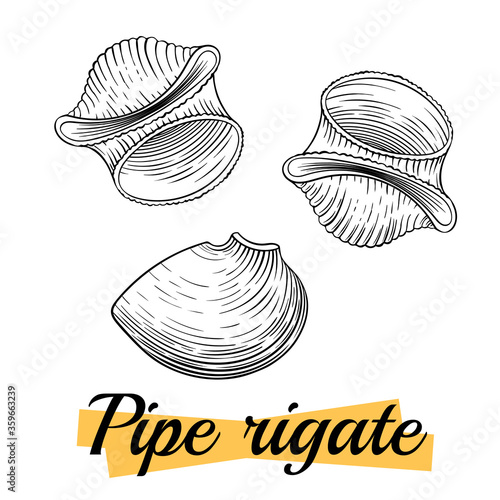 Pipe rigate Italian pasta, isolated on white. Group of pipe rigate close-up. Pasta italiana package design element. Pasta secco for cook or recipe book. Simple quick side dish for vegetarian. Vector.