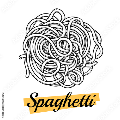 Spaghetti pasta or Oriental noodles. Traditional Italian or ramen. Hand-drawn style of engraving, ink, outline. Vector illustration isolated on white.