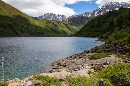 Morasco Lake (VCO), Italy - June 21, 2020: The landscape and Morasco Lake, Morasco Lake, Formazza Valley, Ossola Valley, VCO, Piedmont, Italy