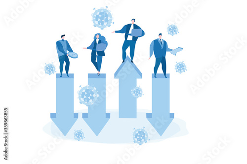 Business restore, new idea for business after crisis, arrow up,  competitive process, small business recession concept, arrow down. Vector illustration for web banner, infographics, mobile. 
