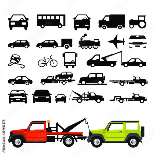 Transport icons car, plane, horse, Car Towing Truck